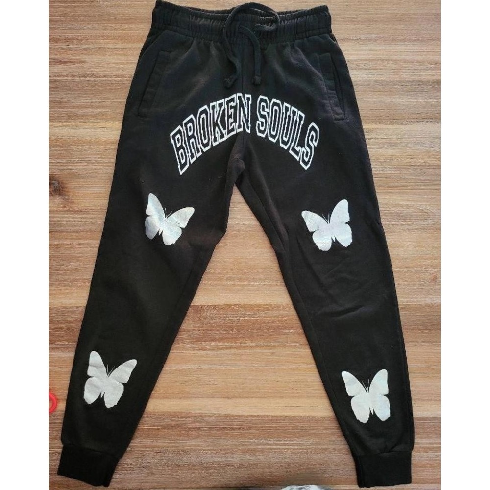 Yours Truly Sweatpants Womens Size M Black Joggers Butterfly Print Drawstring - Picture 2 of 7
